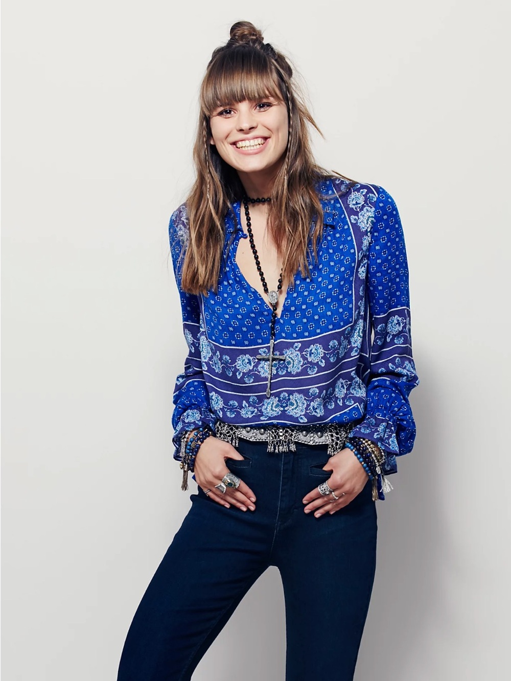 Free People Border Print Collar Tunic Blouse Top V Neck Long Sleeve Boho Sz XS